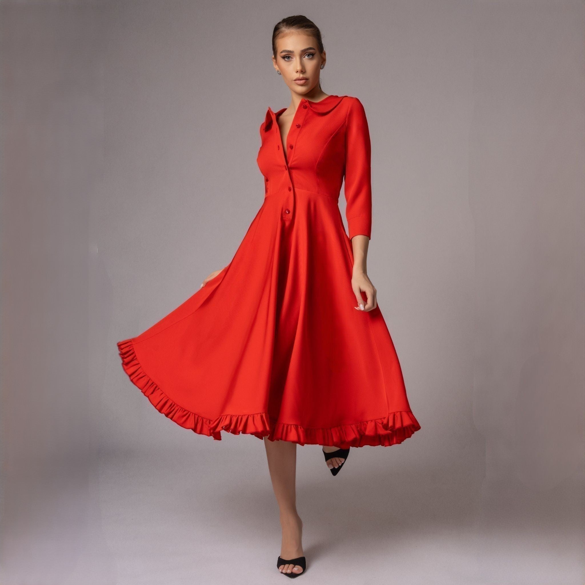 Rochie corai midi cu fusta clos si guler baby Emily