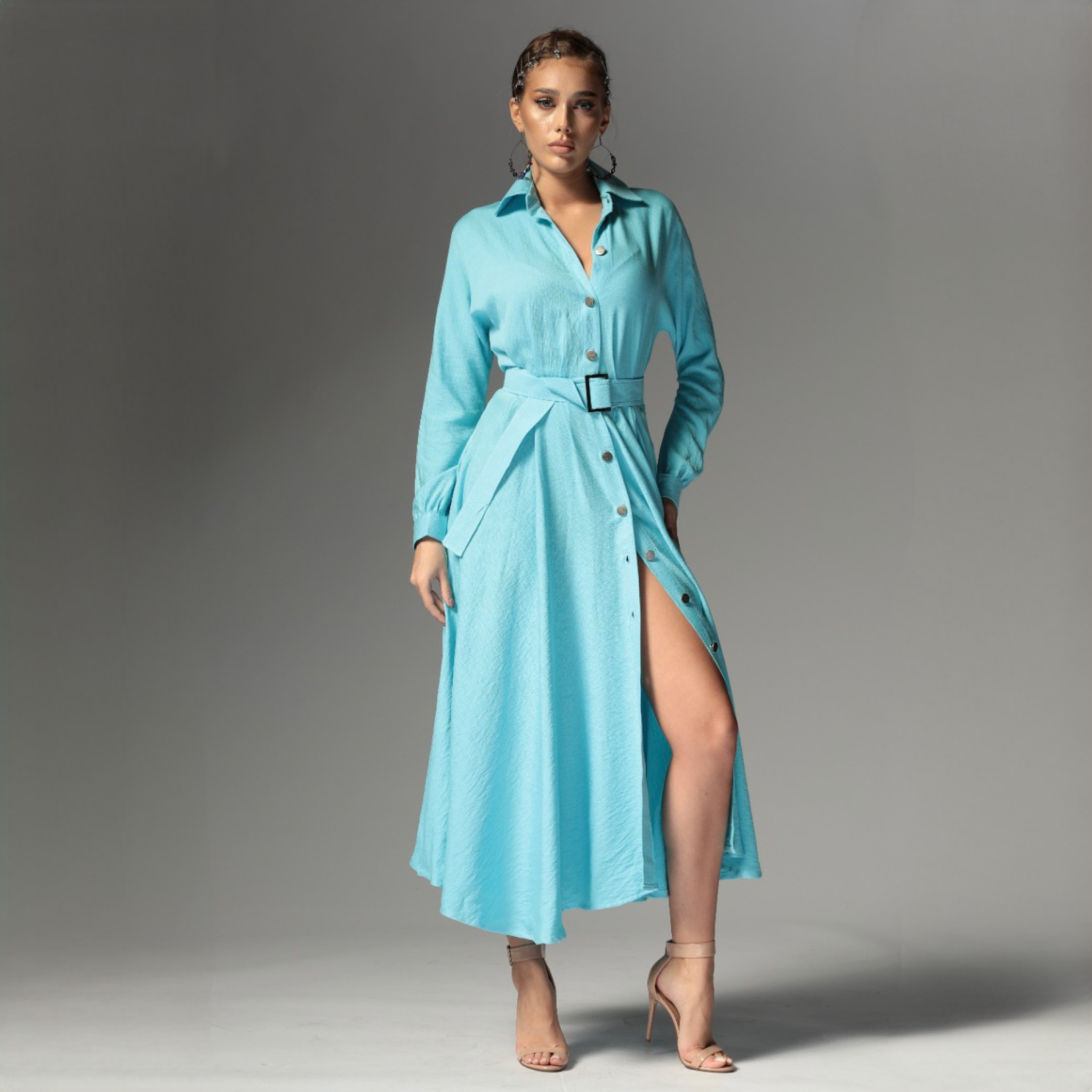 Rochie camasa bleu din in cu nasturi metalici Ingrid Baby Blue