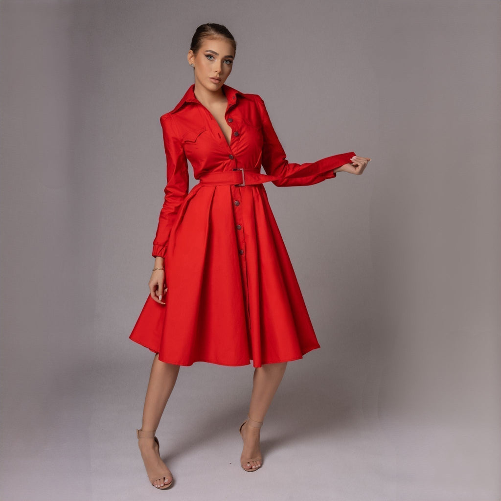 Rochie rosie tip camasa cu fusta midi cu pliuri Diana