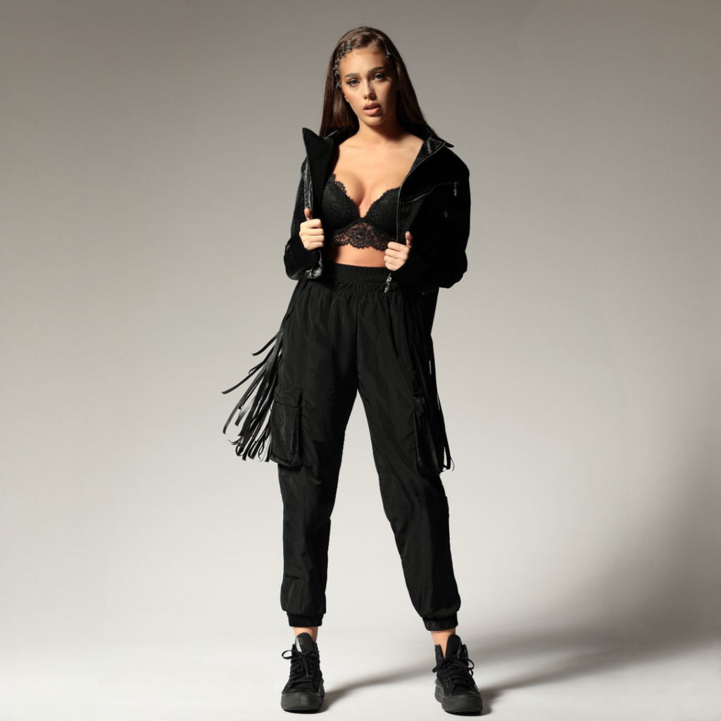 Geaca dama neagra din piele eco cu franjuri Wild West