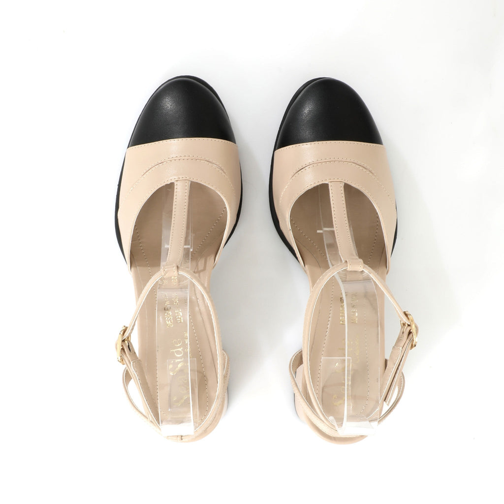 T-strap Block Heel Latte | Black Cap Toe