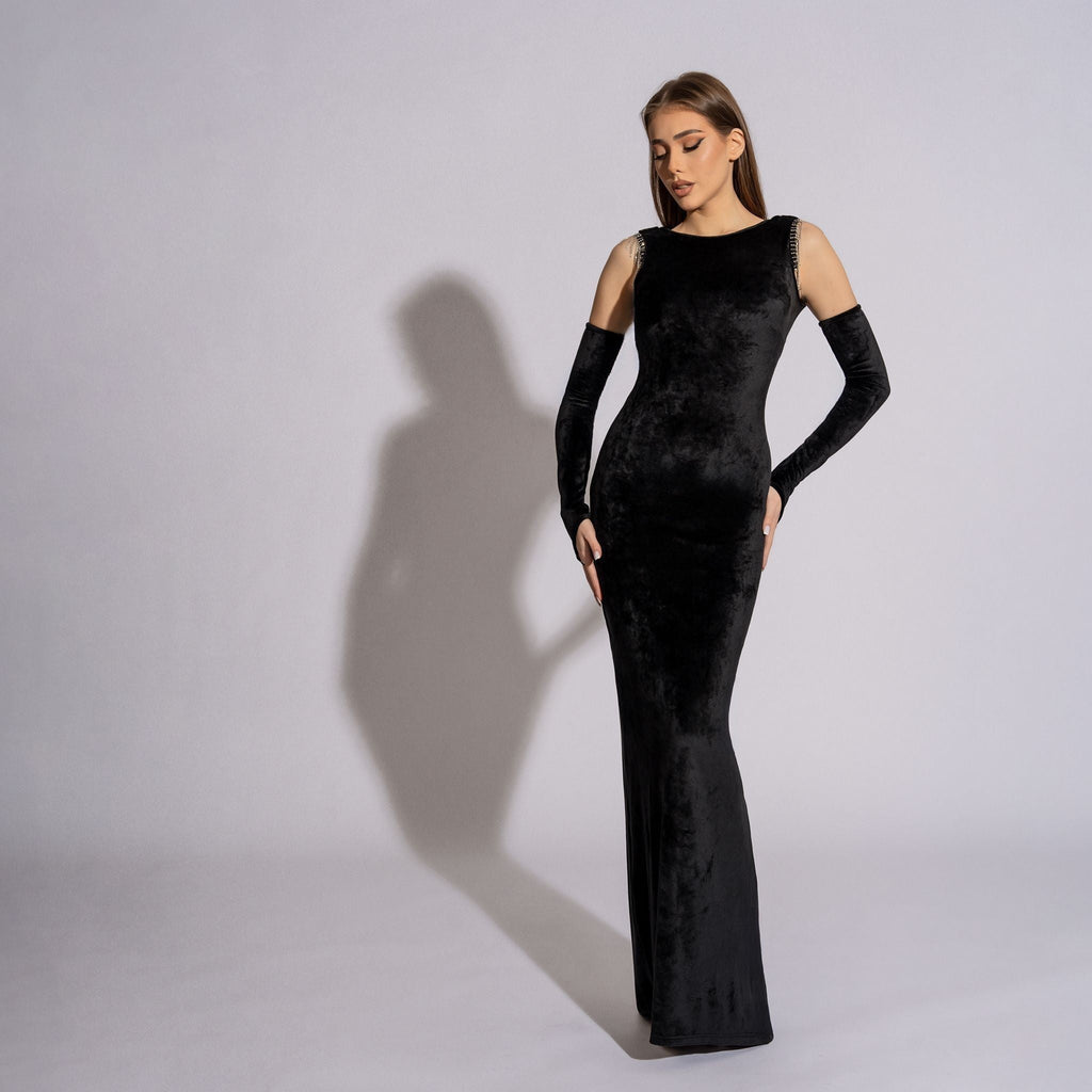 Rochie lunga din catifea cu manusi si franjuri din cristale Unforgettable