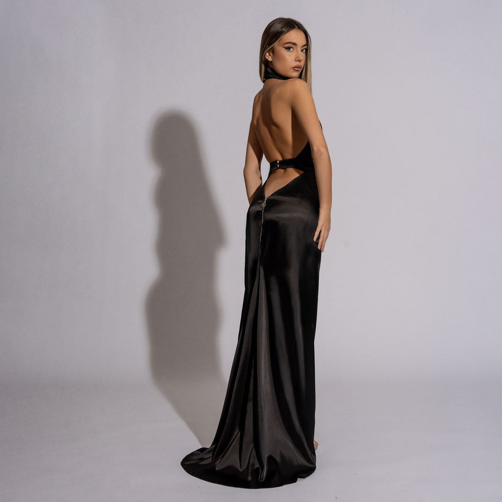Rochie lunga neagra din satin cu spate gol Black Orchid