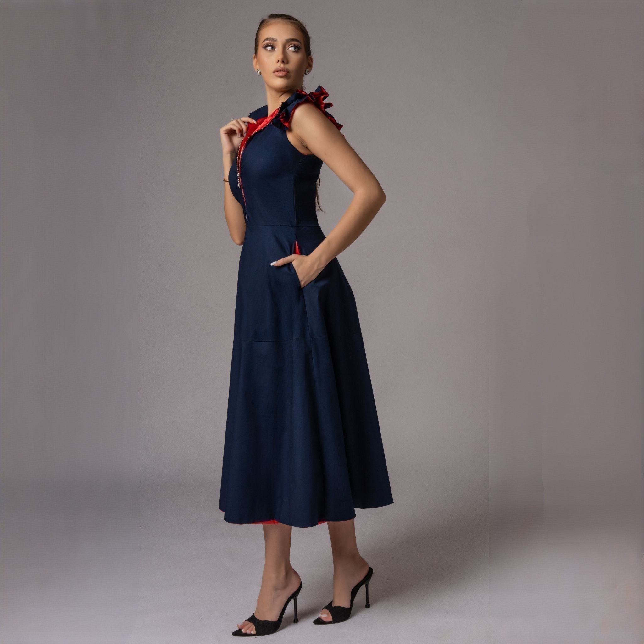 Rochie midi bleumarin din poplin Aime