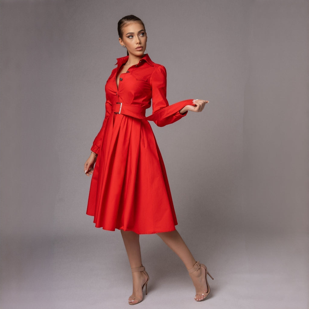 Rochie rosie tip camasa cu fusta midi cu pliuri Diana