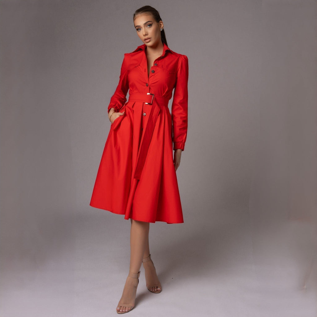 Rochie rosie tip camasa cu fusta midi cu pliuri Diana