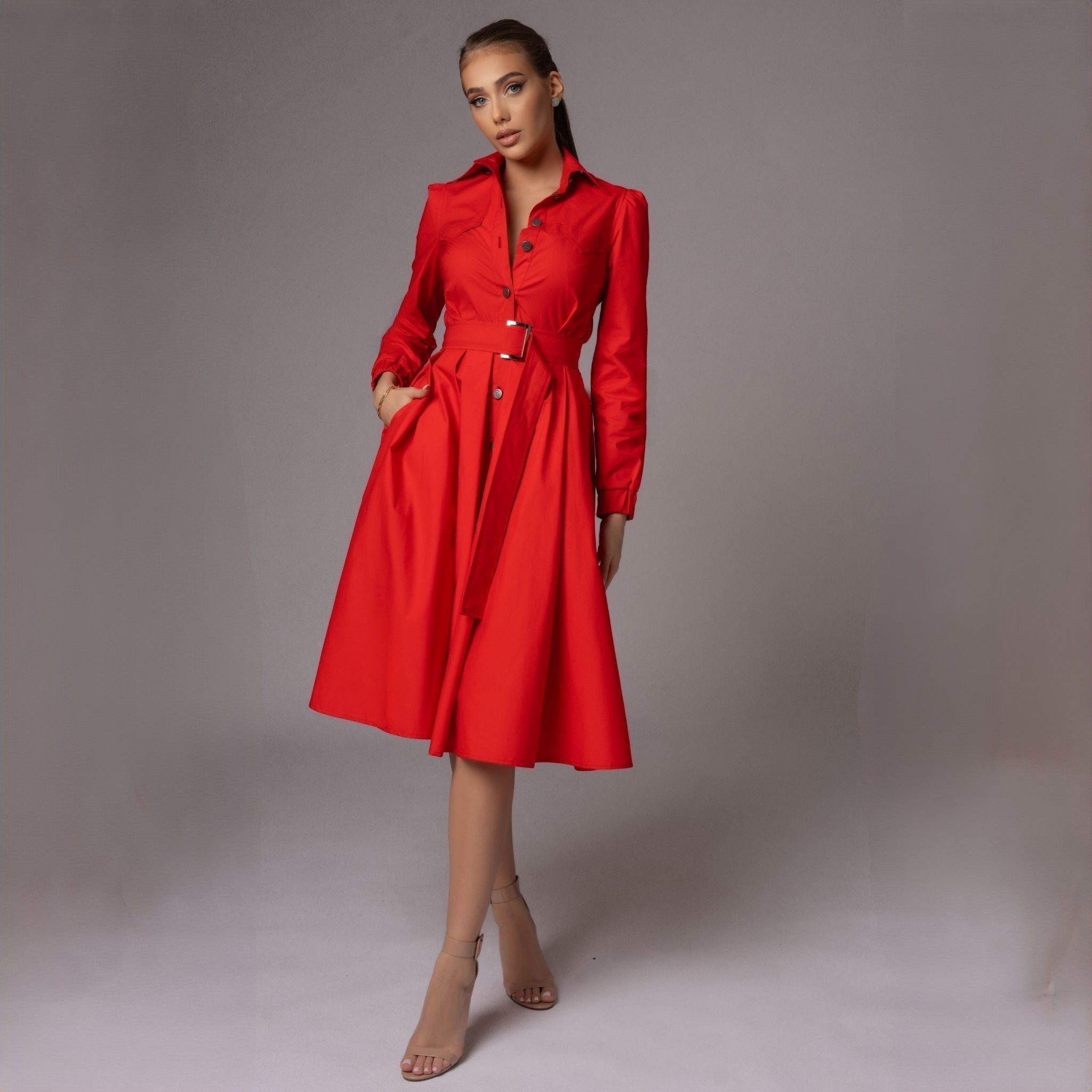 Rochie rosie tip camasa cu fusta midi cu pliuri Diana