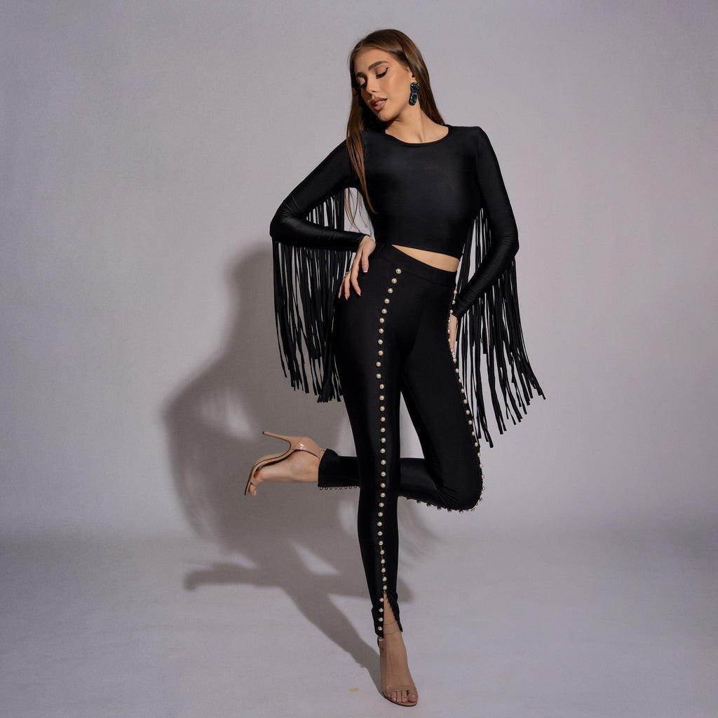 Bluza dama neagra modelatoare cu spate gol si franjuri