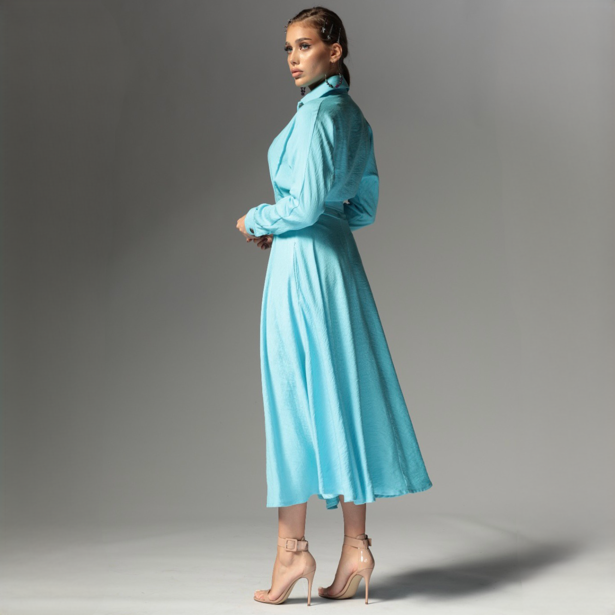 Rochie camasa bleu din in cu nasturi metalici Ingrid Baby Blue