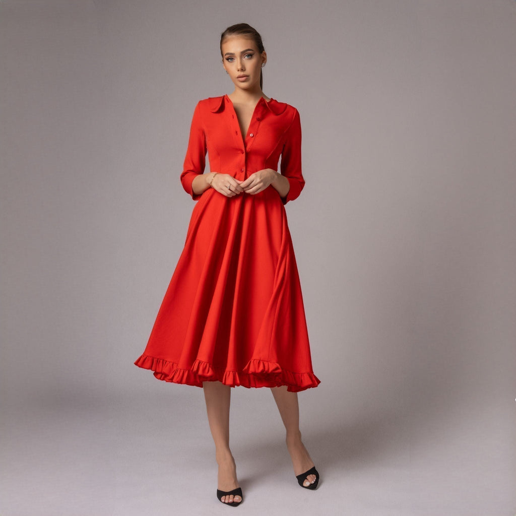 Rochie corai midi cu fusta clos si guler baby Emily