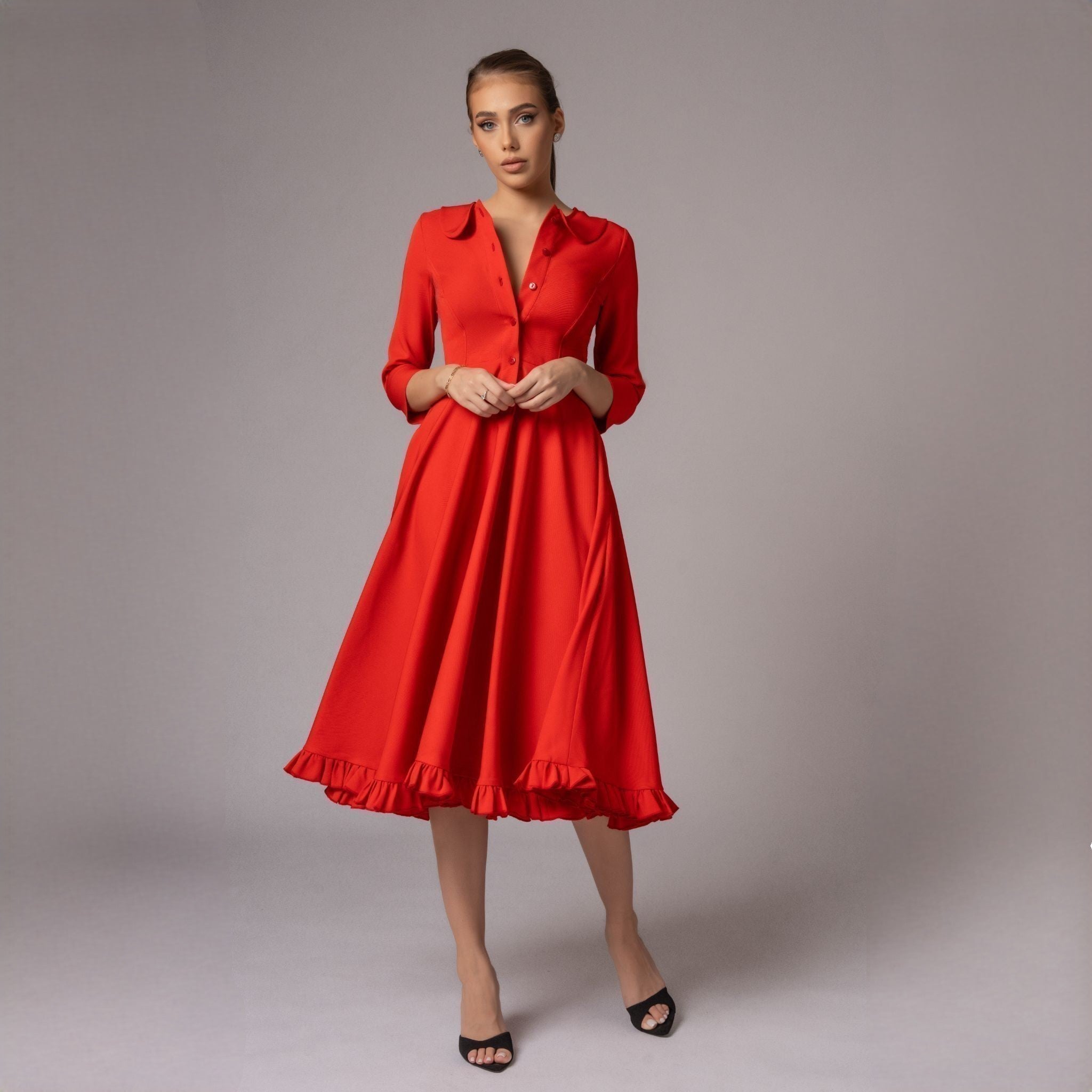 Rochie corai midi cu fusta clos si guler baby Emily