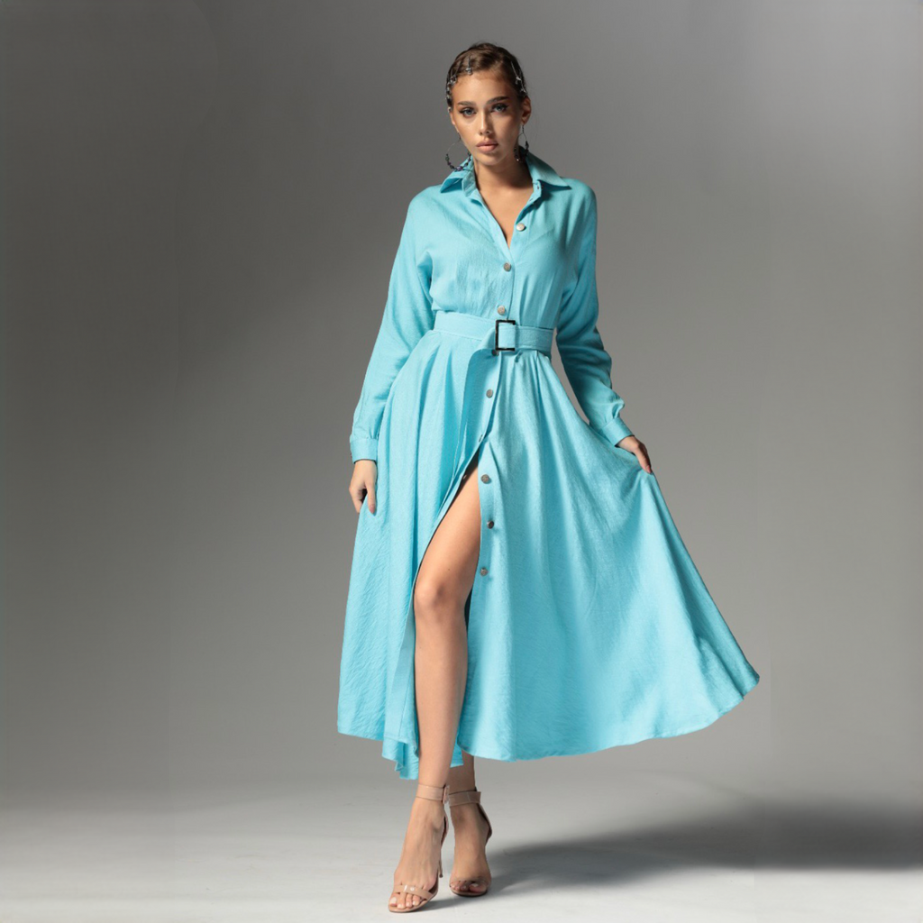 Rochie camasa bleu din in cu nasturi metalici Ingrid Baby Blue
