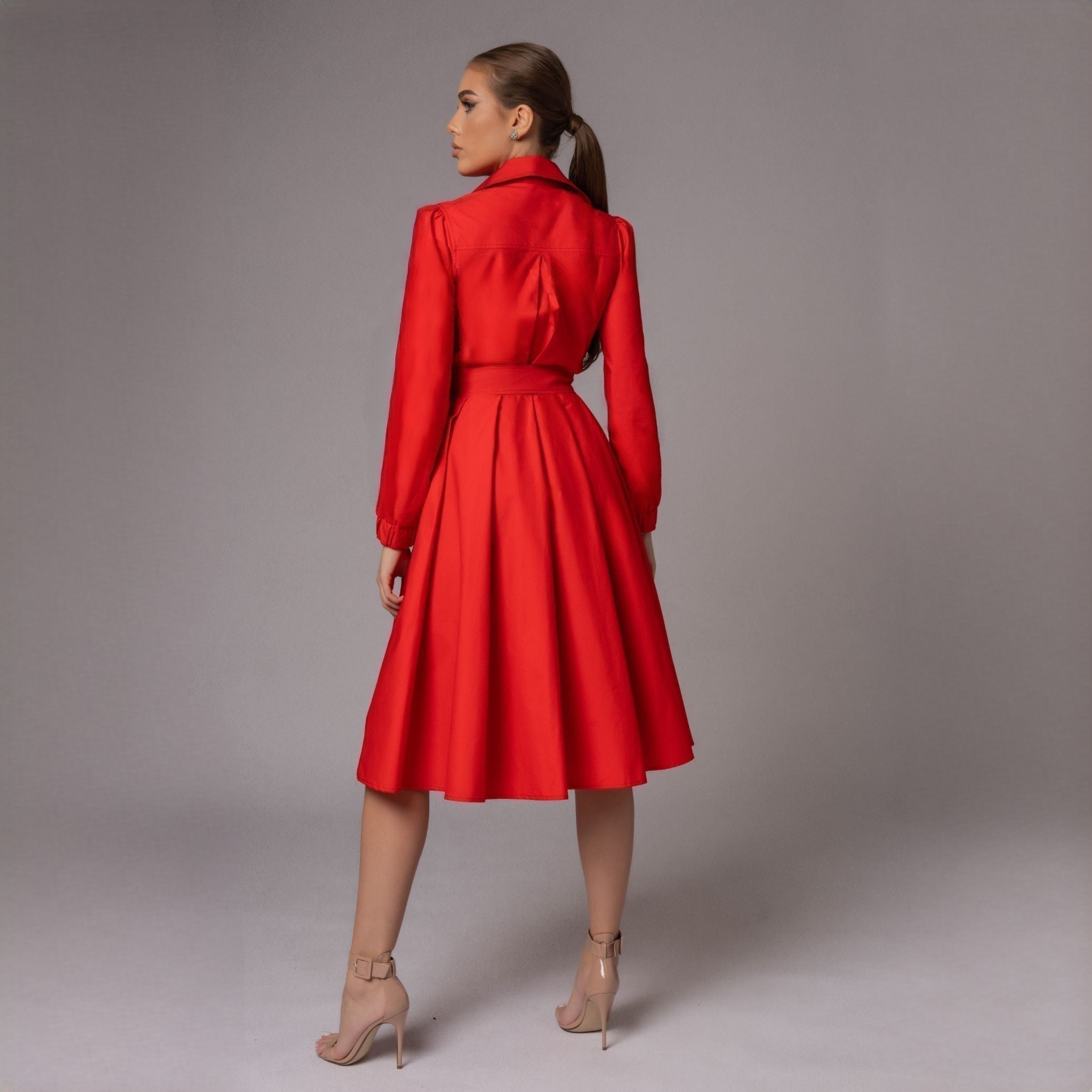 Rochie rosie tip camasa cu fusta midi cu pliuri Diana