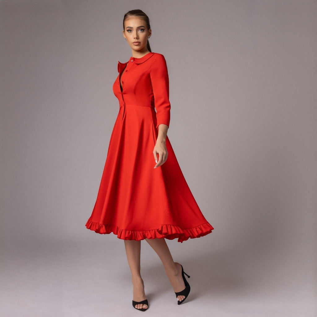 Rochie corai midi cu fusta clos si guler baby Emily