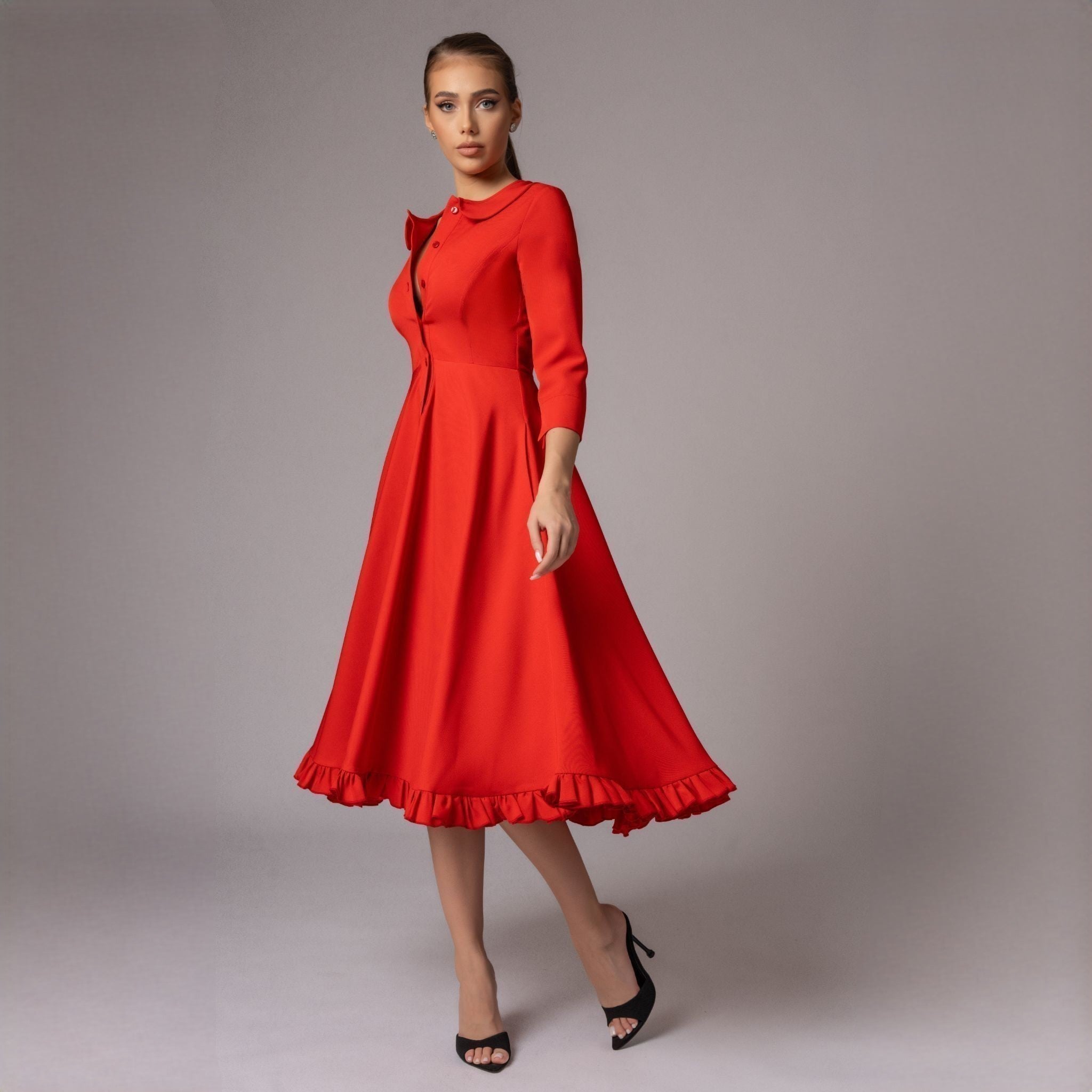 Rochie corai midi cu fusta clos si guler baby Emily