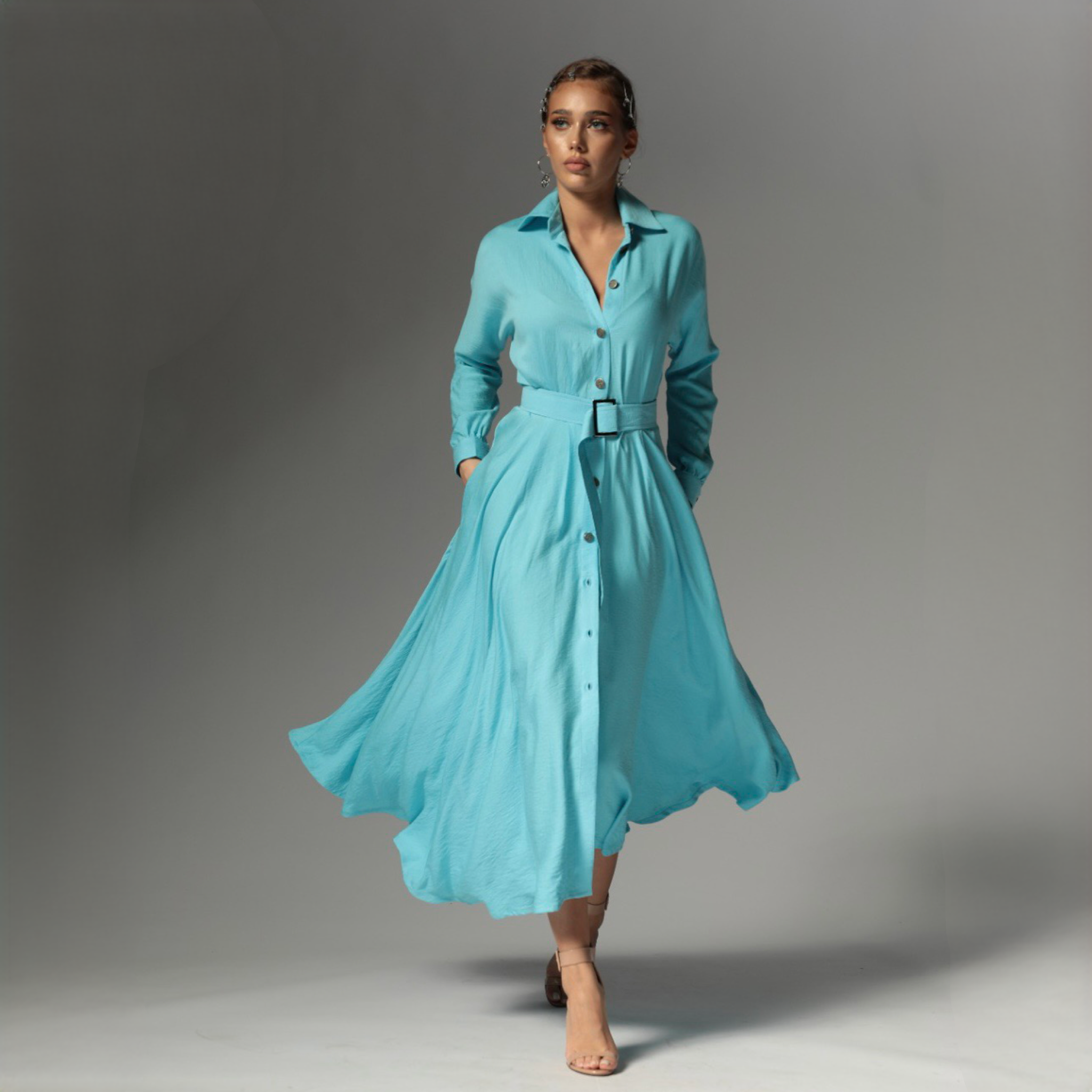 Rochie camasa bleu din in cu nasturi metalici Ingrid Baby Blue