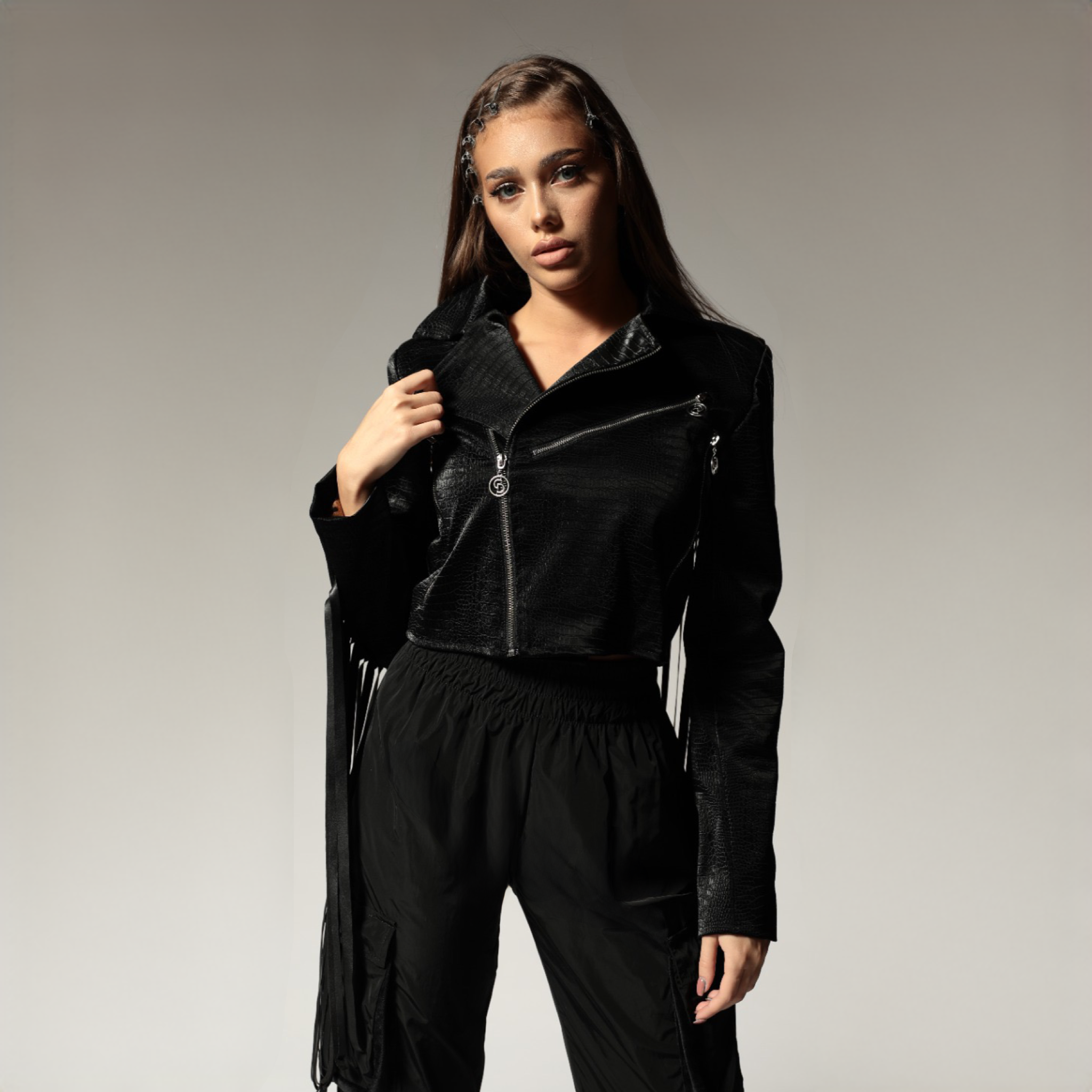 Geaca dama neagra din piele eco cu franjuri Wild West