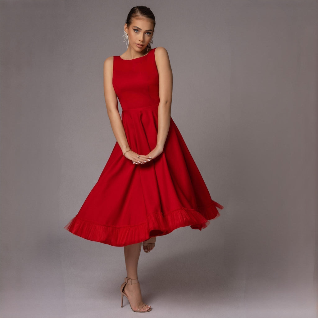 Rochie rosie cu spate gol si funda Estella