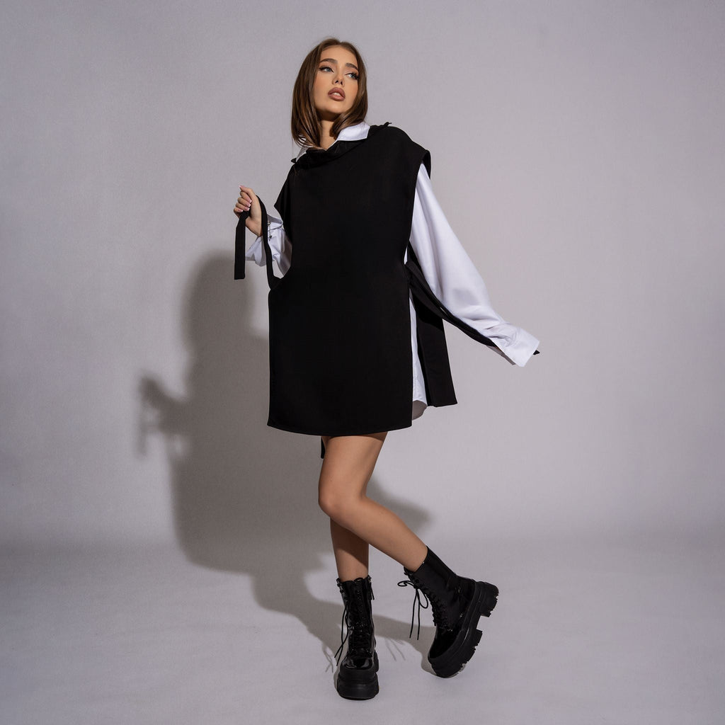 Compleu camasa boyfriend cu vesta alb negru British