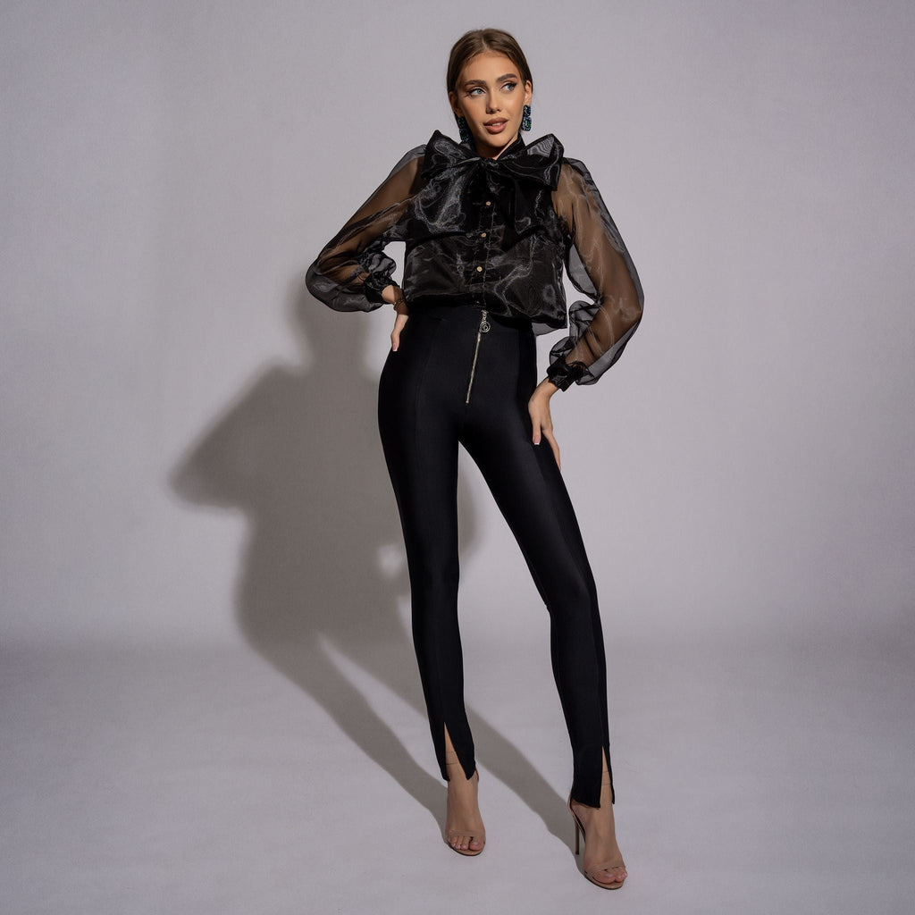 Camasa dama neagra din organza cu funda