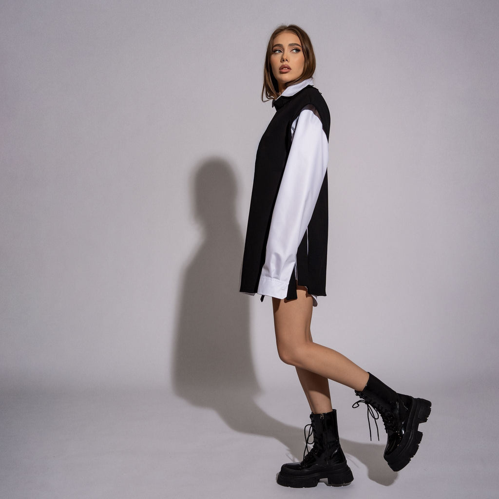 Compleu camasa boyfriend cu vesta alb negru British