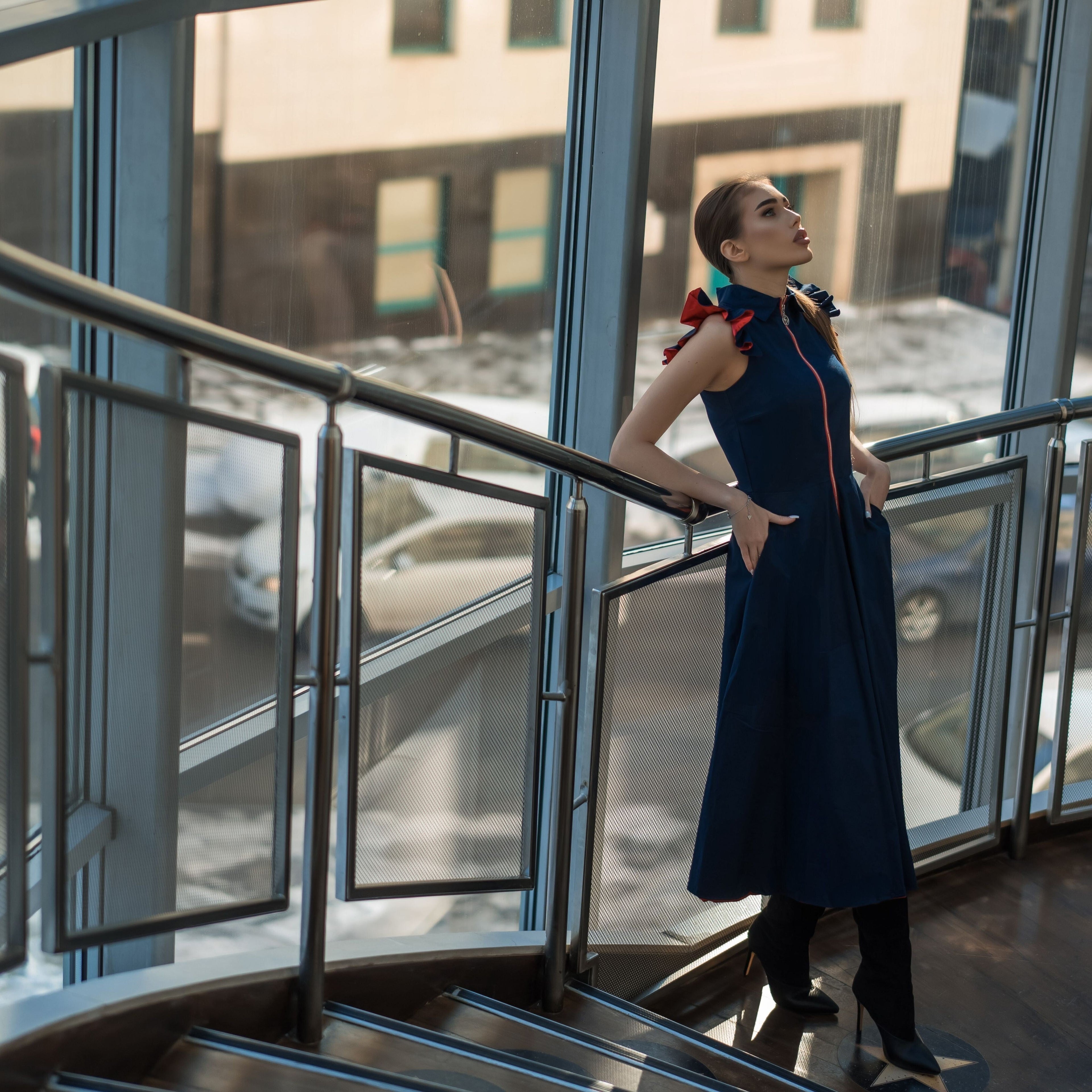 Rochie midi bleumarin din poplin Aime