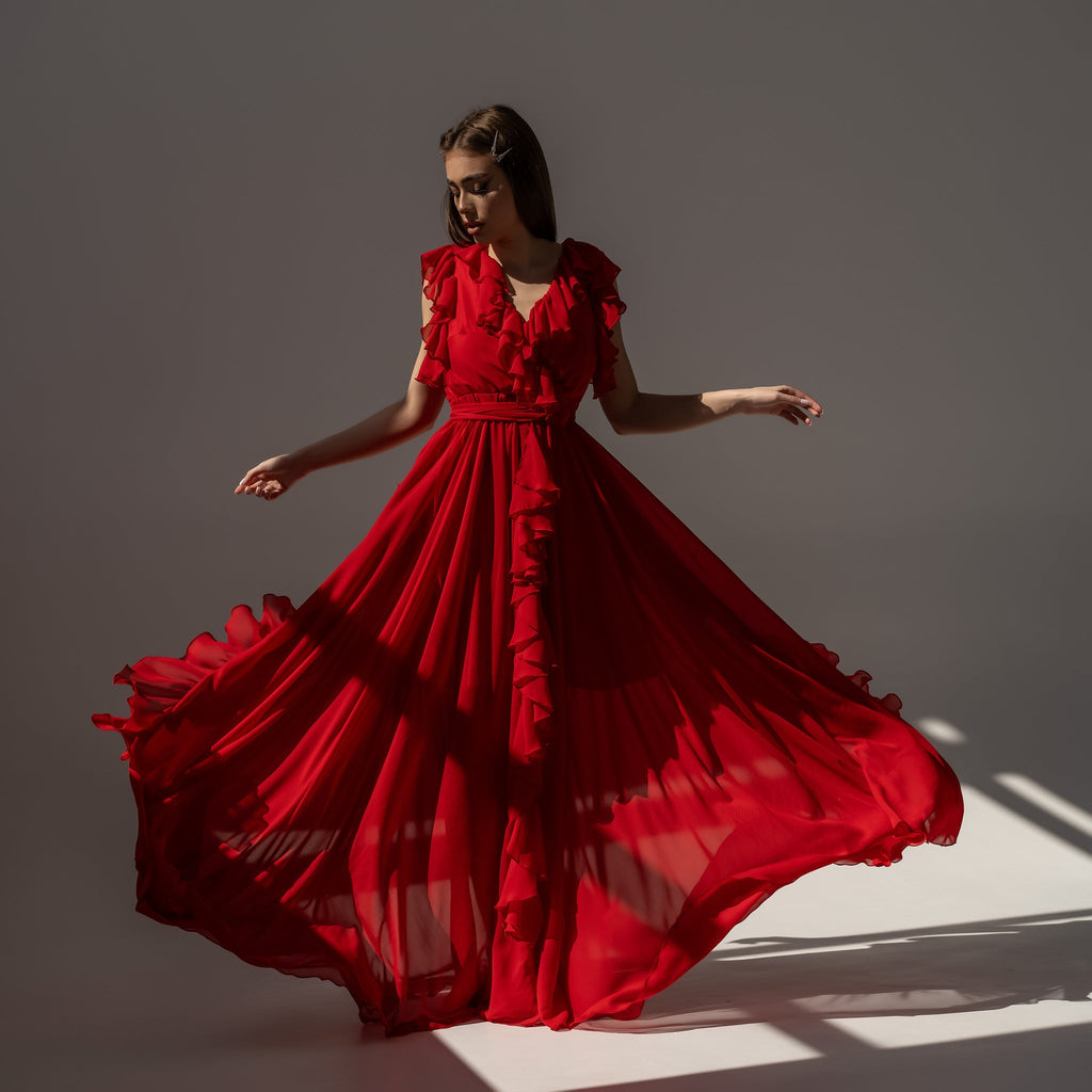 Rochie lunga rosie din voal GetADivaLook