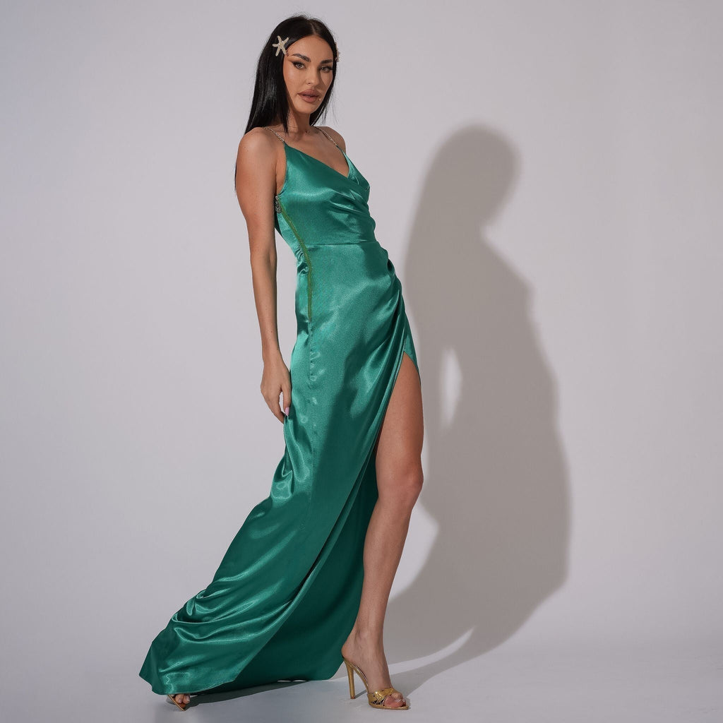 Rochie lunga verde din satin Be that girl