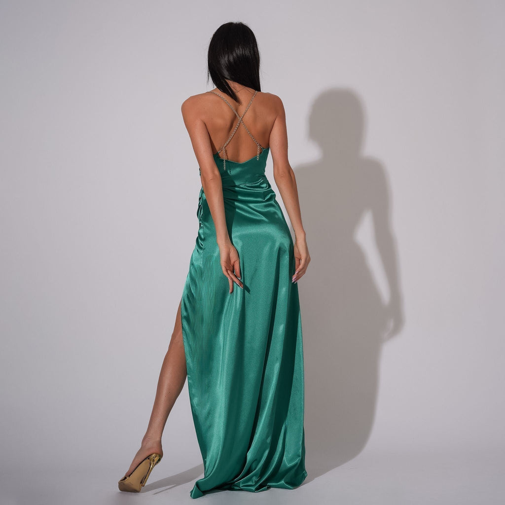 Rochie lunga verde din satin Be that girl
