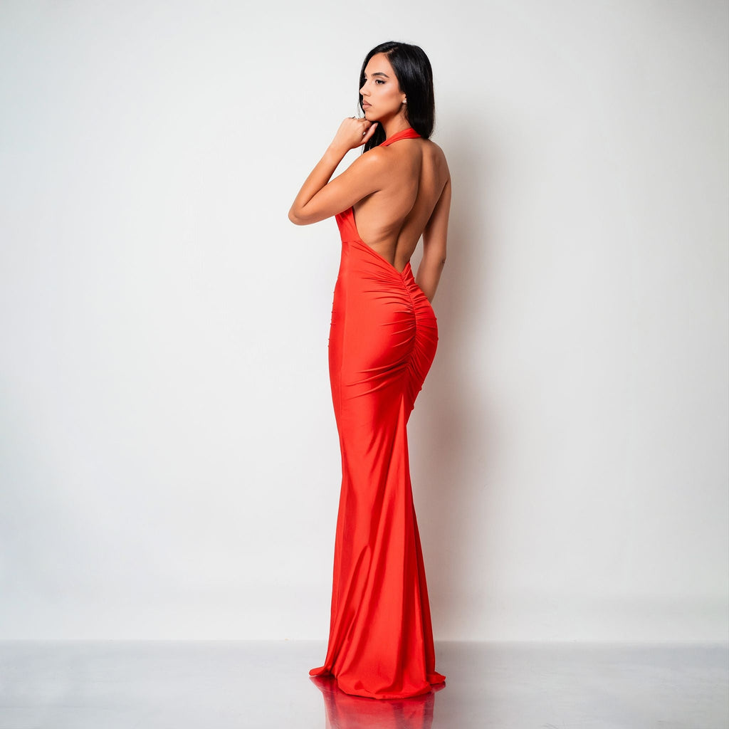 Rochie lunga din lycra rosie cu decoletu halter spatele gol si drapaje Seraphine