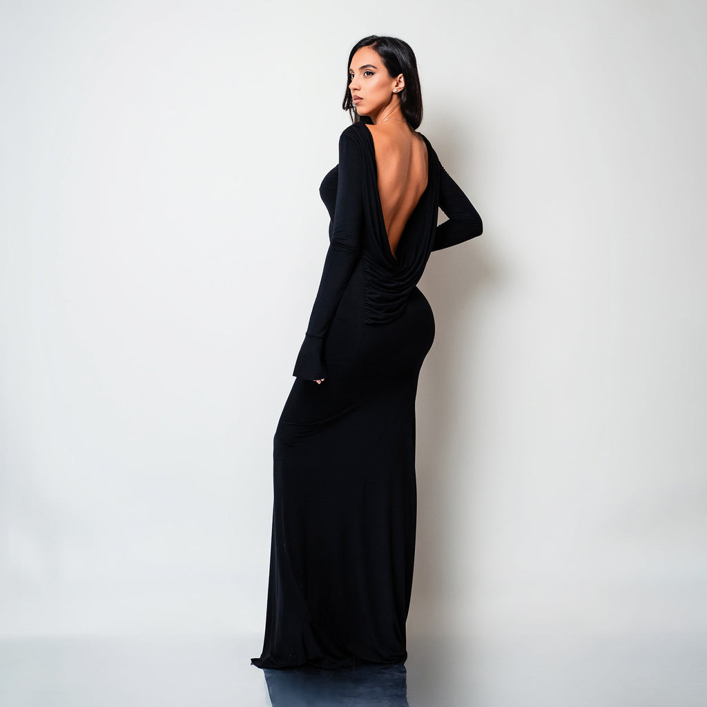 Rochie lunga neagra din bumbac de cocktail cu spatele gol si drapaje Luna