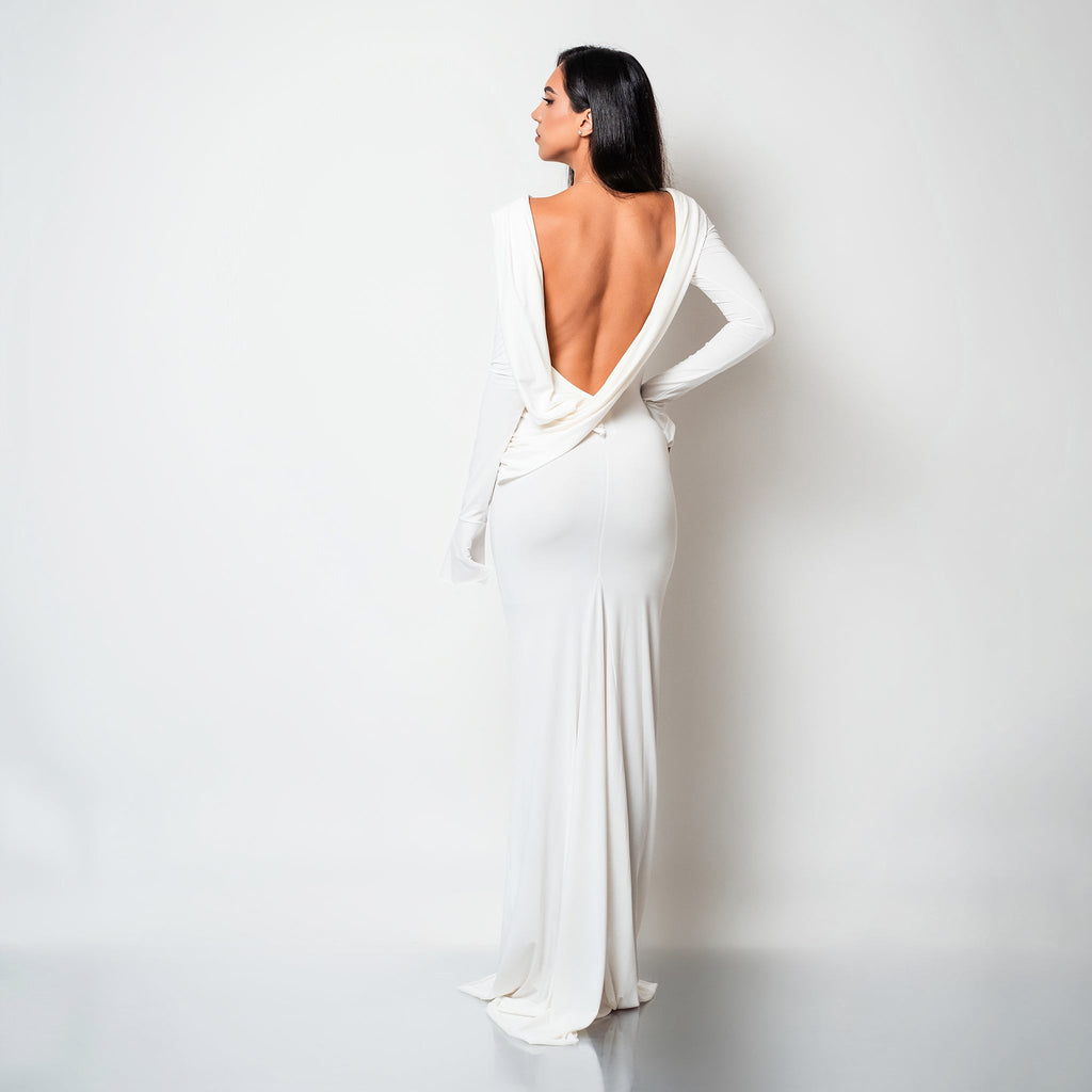 Rochie lunga neagra din bumbac de cocktail cu spatele gol si drapaje Luna