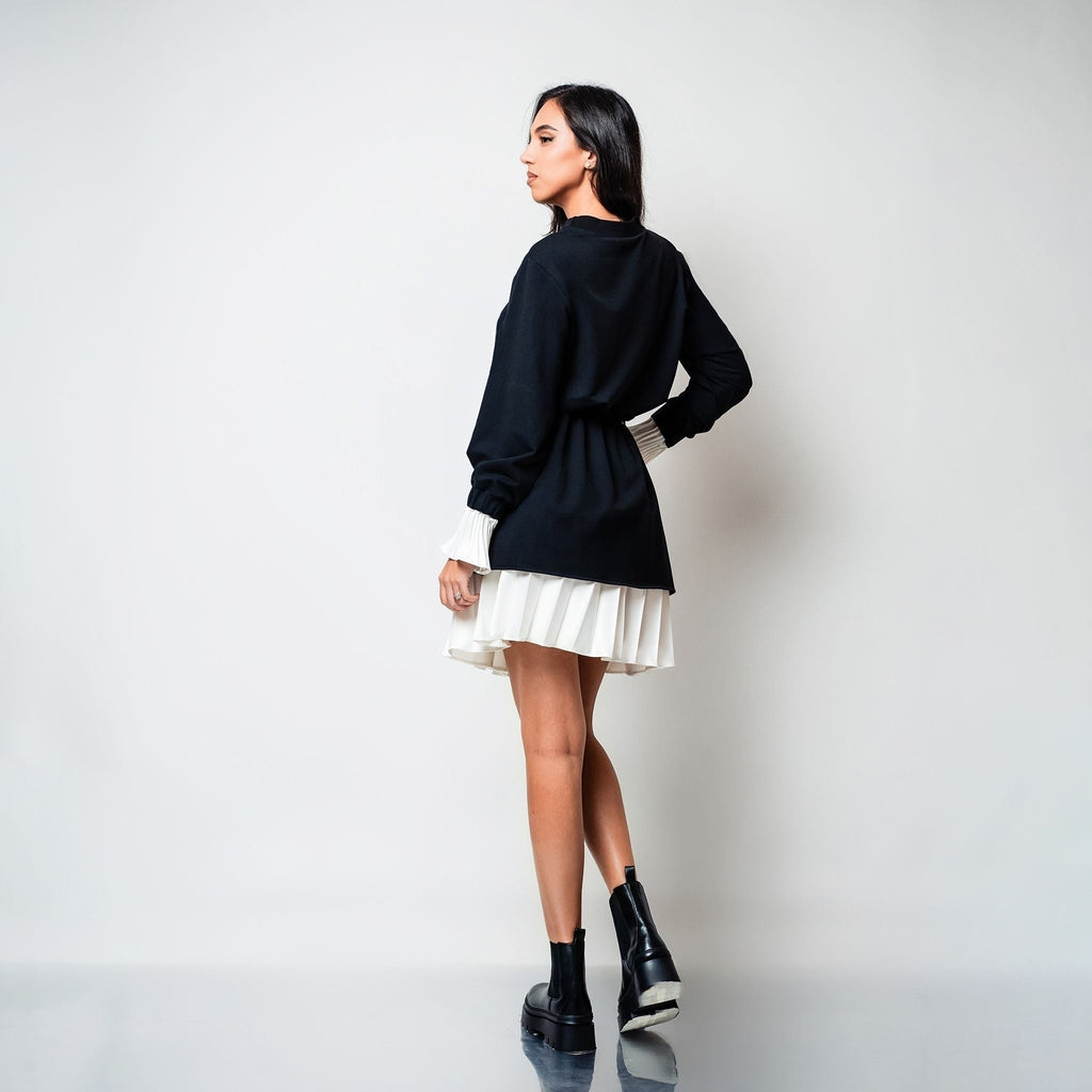 Rochie hanorac cu insertii din tafta de matase plisata Alb/Negru Retro Please