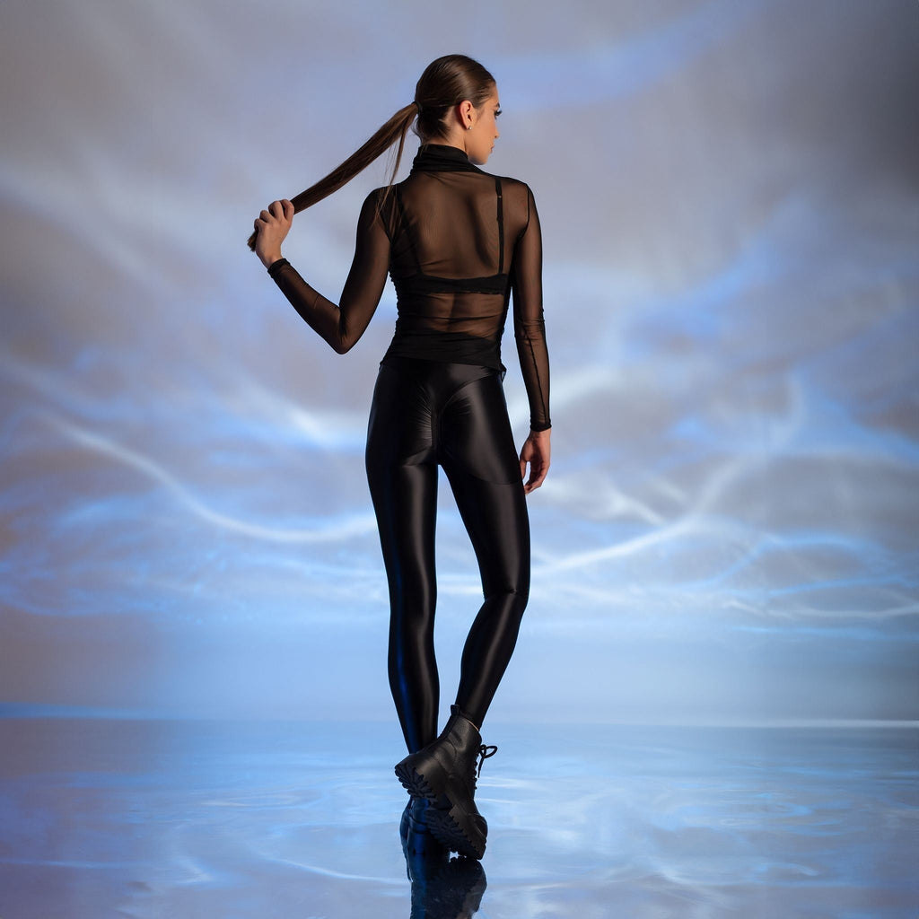 Helanca transparenta din tulle elastic cu drapaje pe fata