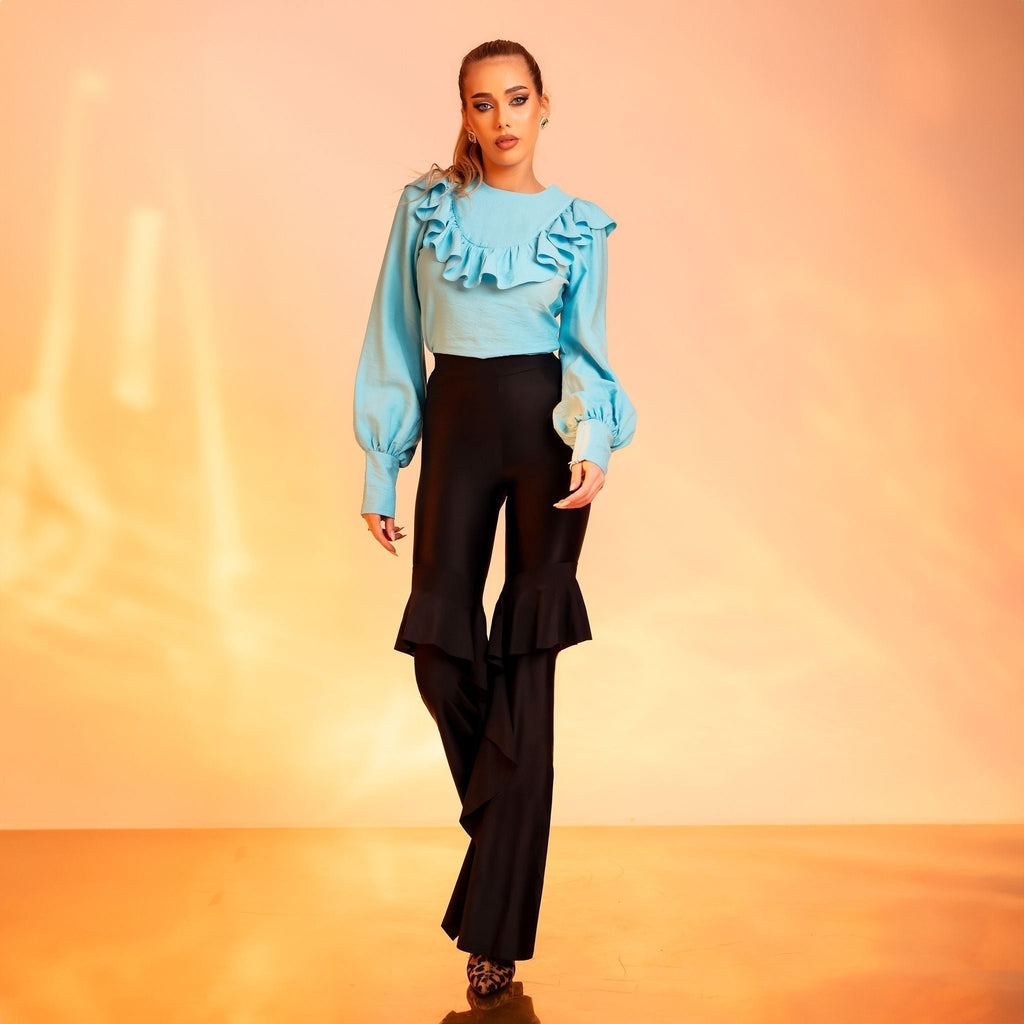 Pantaloni evazati din lycra cu volane Milky Way