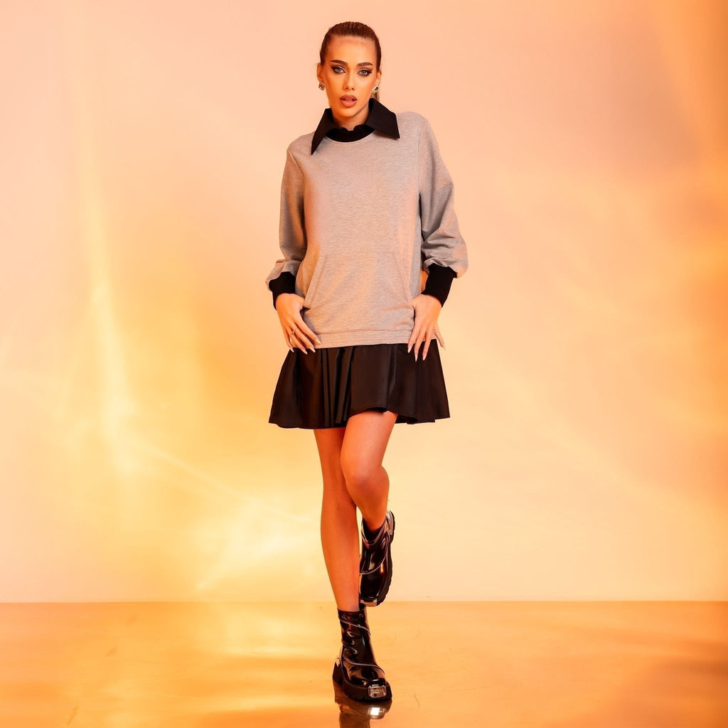 Rochie hanorac gri cu insertii tip camasa Mondey