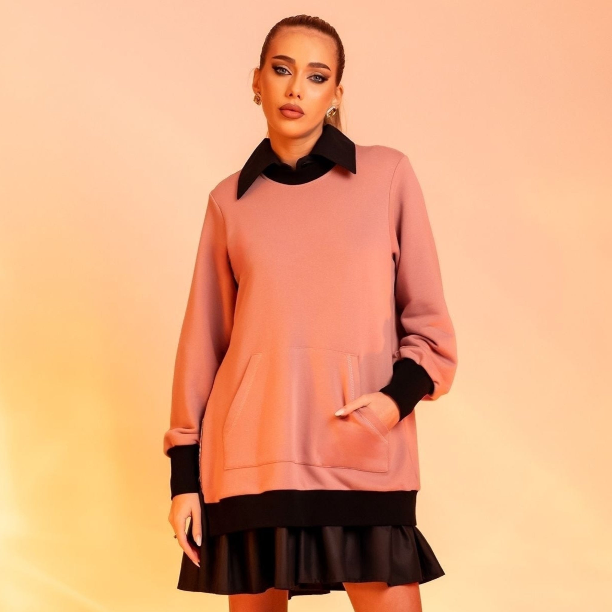 Rochie hanorac roz cu insertii tip camasa Mondey