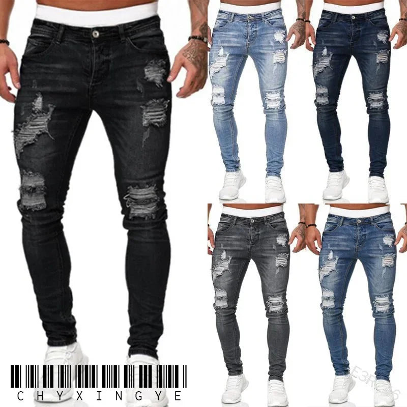 Skinny Ripped Jeans Men Cotton