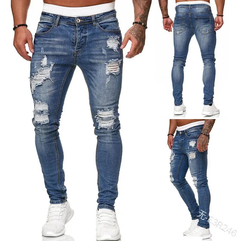 Skinny Ripped Jeans Men Cotton
