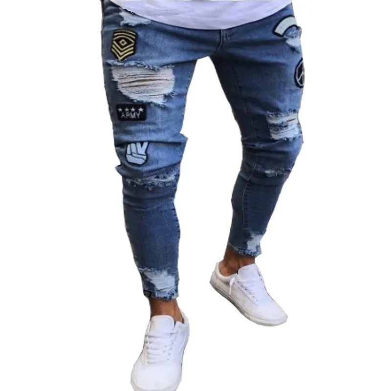Skinny Ripped Jeans Men Cotton