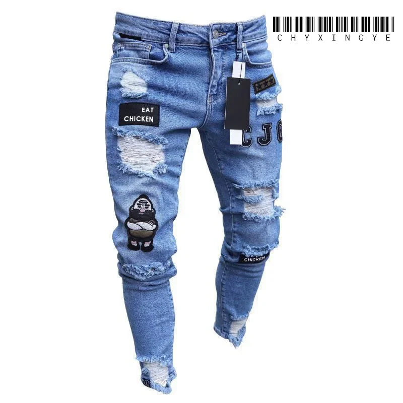 Skinny Ripped Jeans Men Cotton
