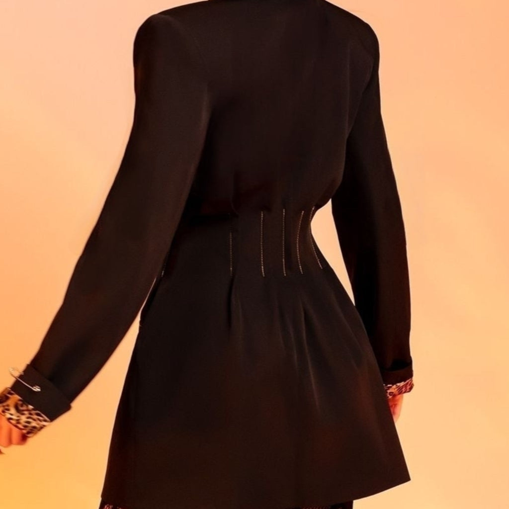 Sacou lung oversized cu talie marcata si umeri supradimensionati Rockstar