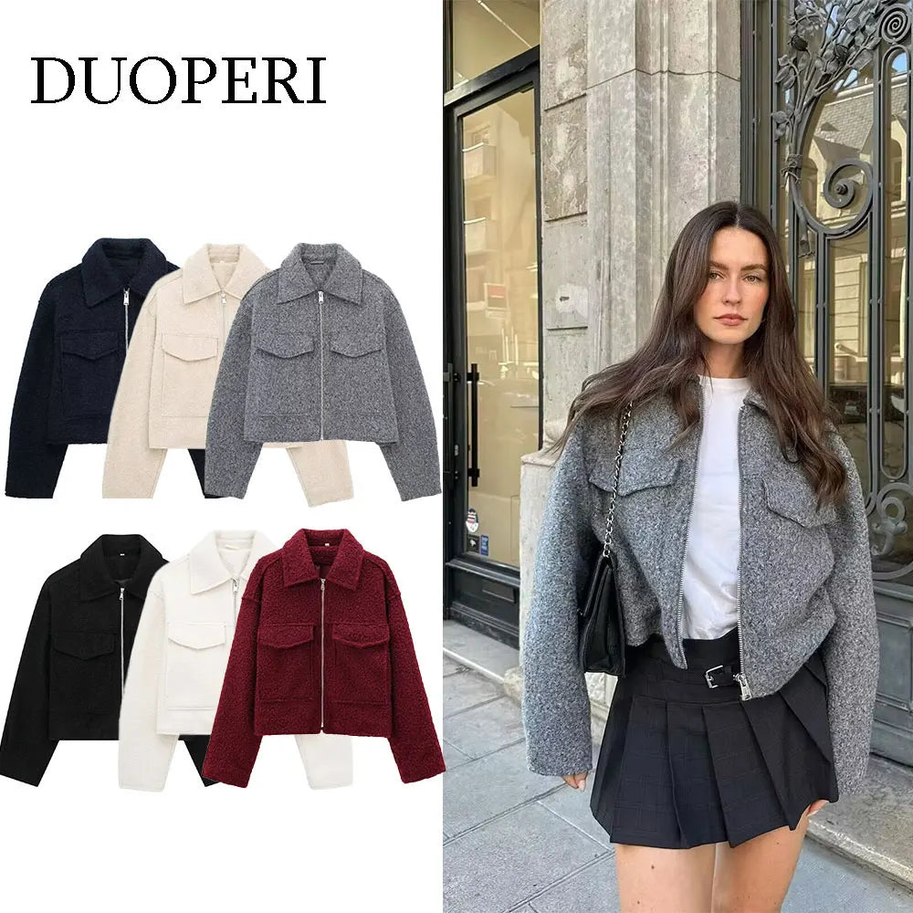 Winter Autumn Fleece Cropped Jacket Lapel