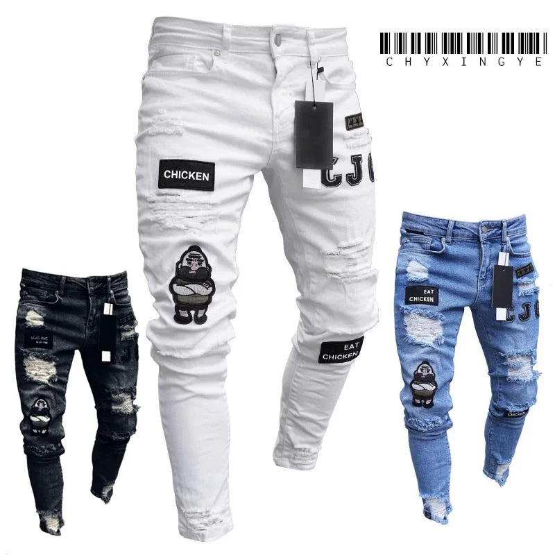 Skinny Ripped Jeans Men Cotton