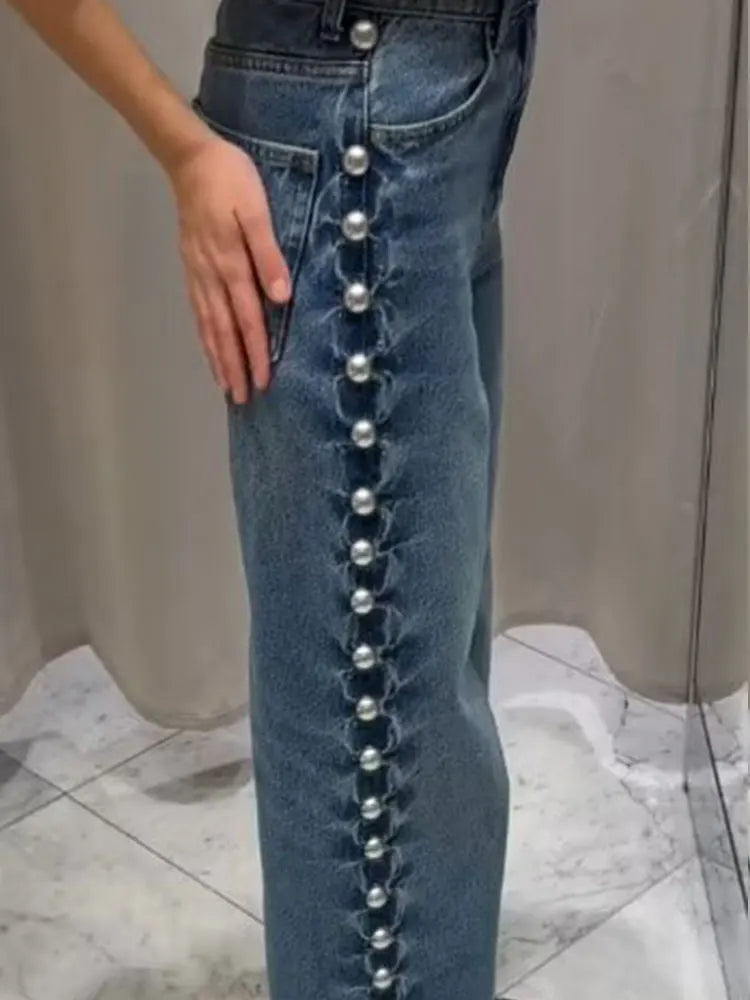 Women Fashion Side Rivet jeans
