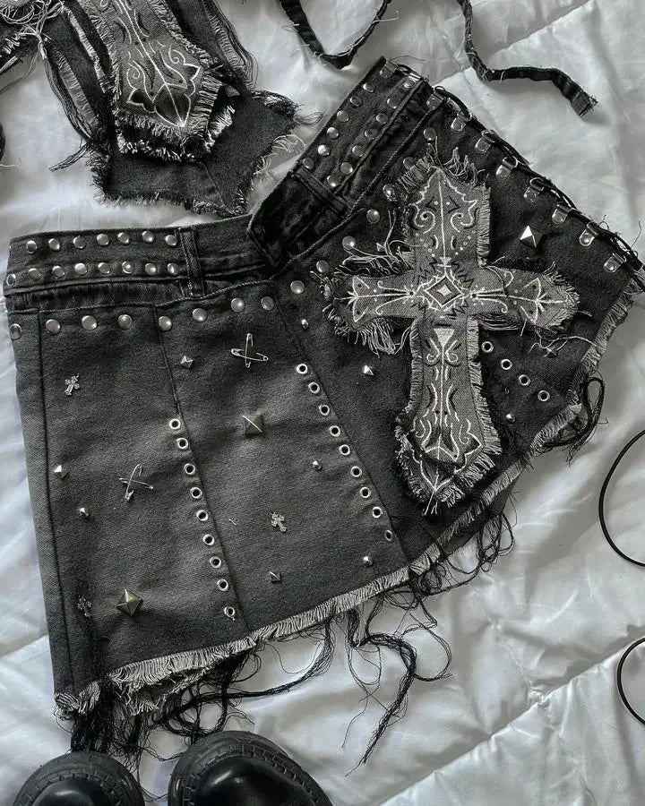 Leather Spliced Denim Black