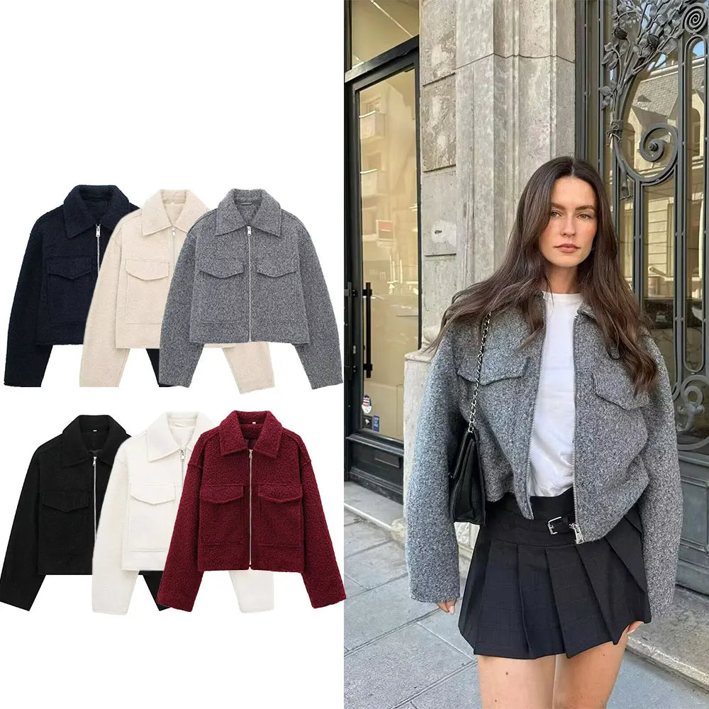 Winter Autumn Fleece Cropped Jacket Lapel