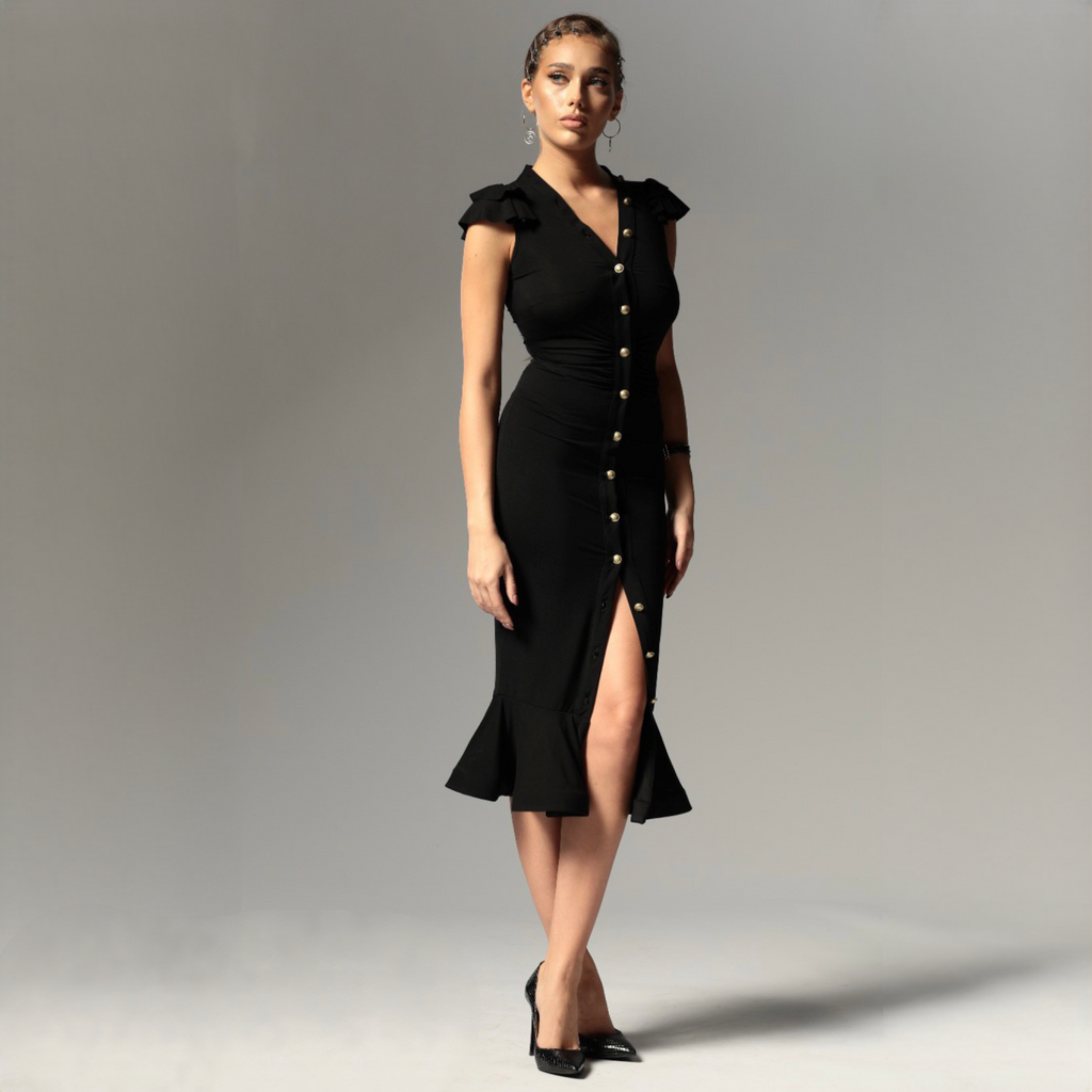 Rochie neagra cu nasturi si volan Josephine