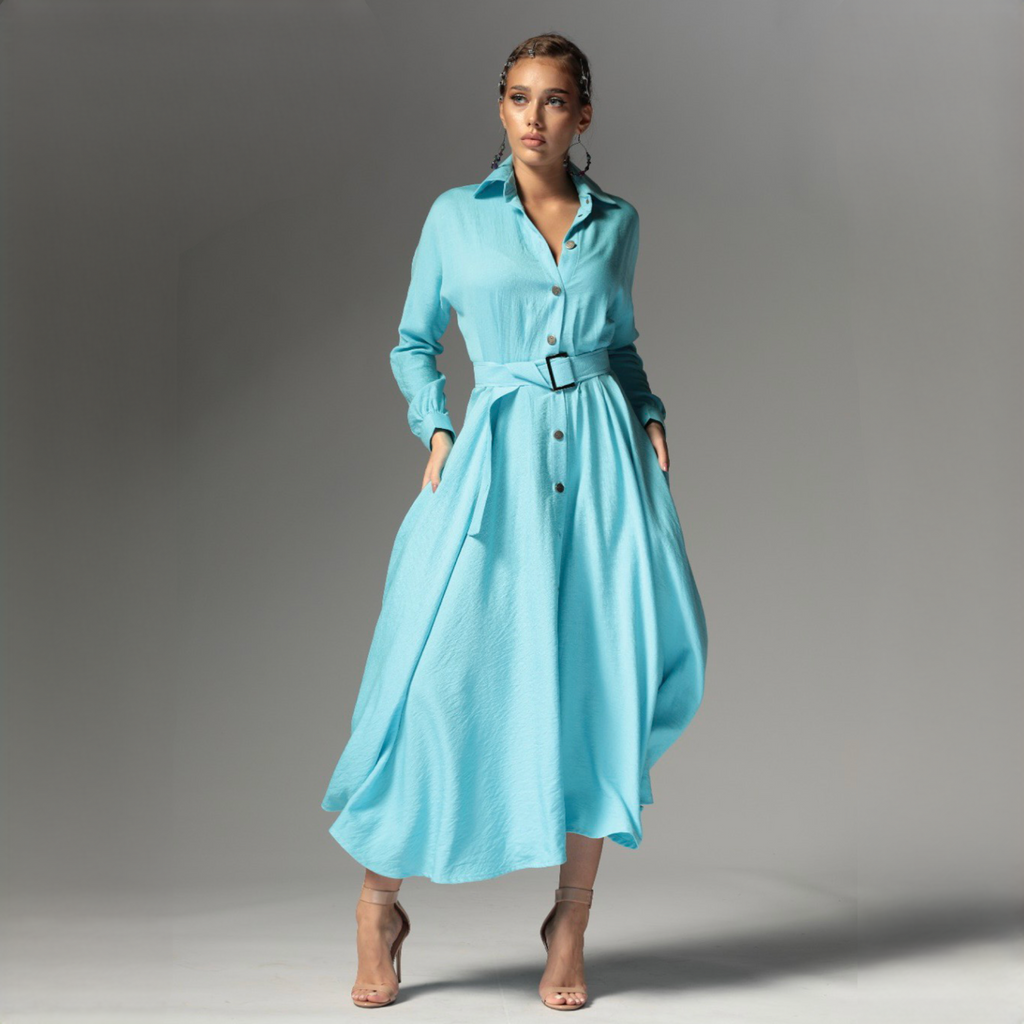 Rochie camasa bleu din in cu nasturi metalici Ingrid Baby Blue