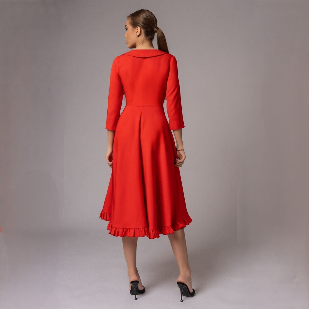 Rochie corai midi cu fusta clos si guler baby Emily